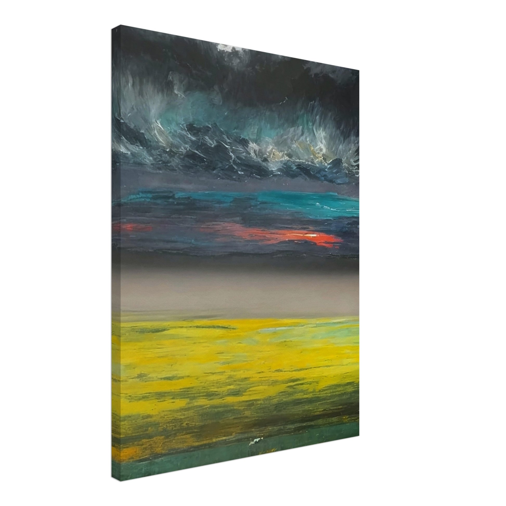 A dramatic landscape painting featuring a vibrant yellow field under a dark, stormy sky with a hint of sunset colors.