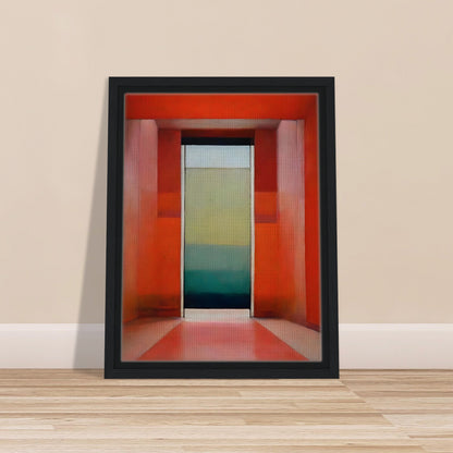 A striking architectural composition featuring a bold red corridor leading to a doorway with a gradient of blue and green, evoking mystery and depth.