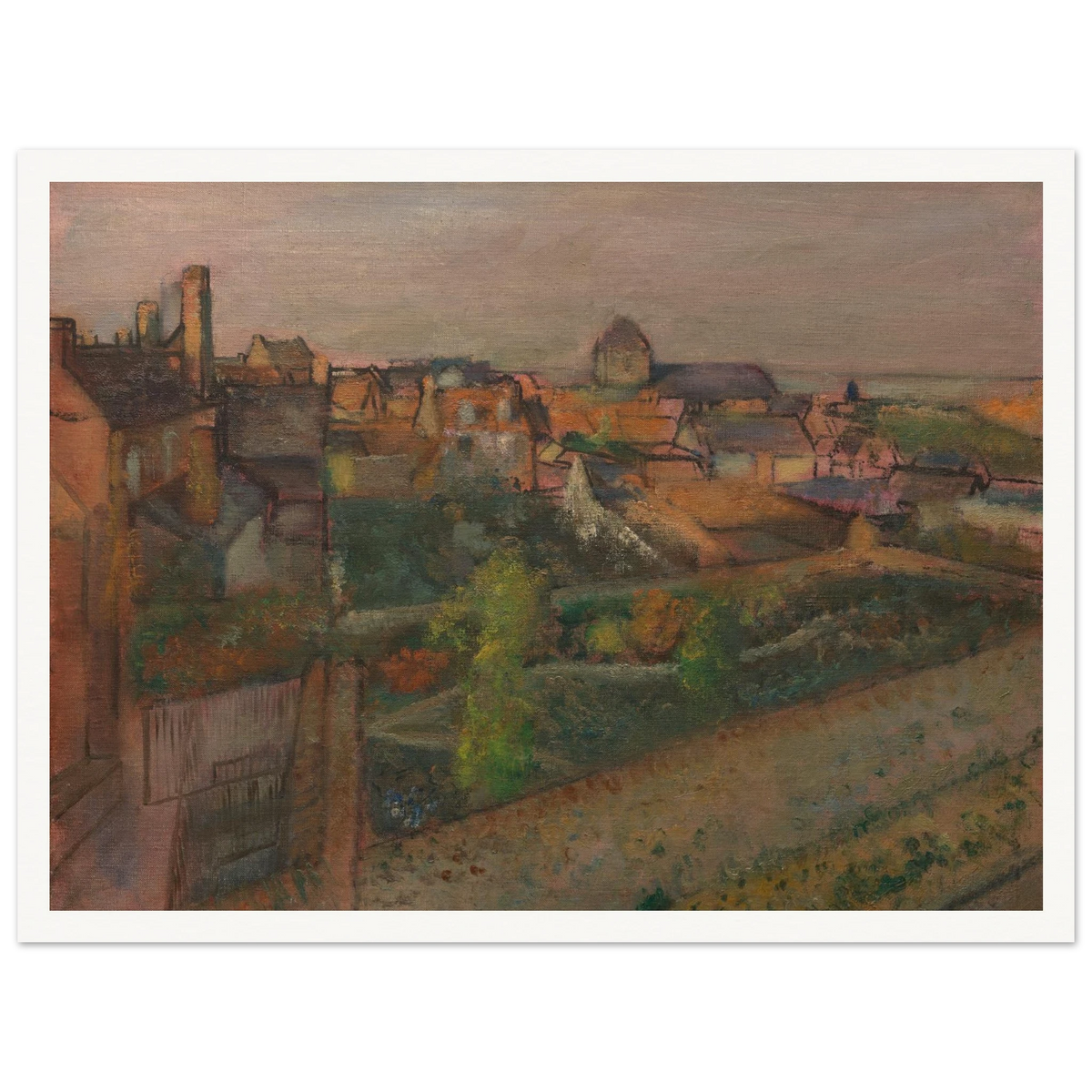 A high view of Saint-Valéry-sur-Somme with rooftops, gardens, and distant water under a pale sky.