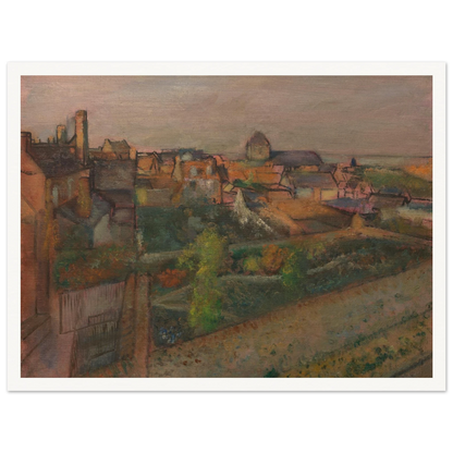 A high view of Saint-Valéry-sur-Somme with rooftops, gardens, and distant water under a pale sky.
