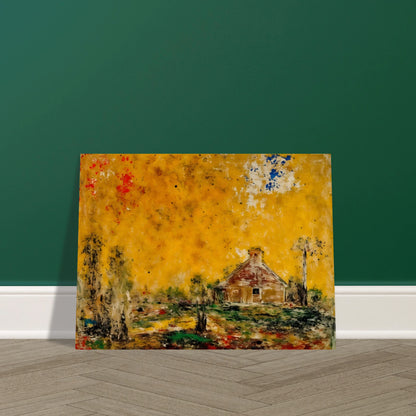 Rustic house rests beneath a golden sky with dark trees, green ground, and scattered red and blue marks.