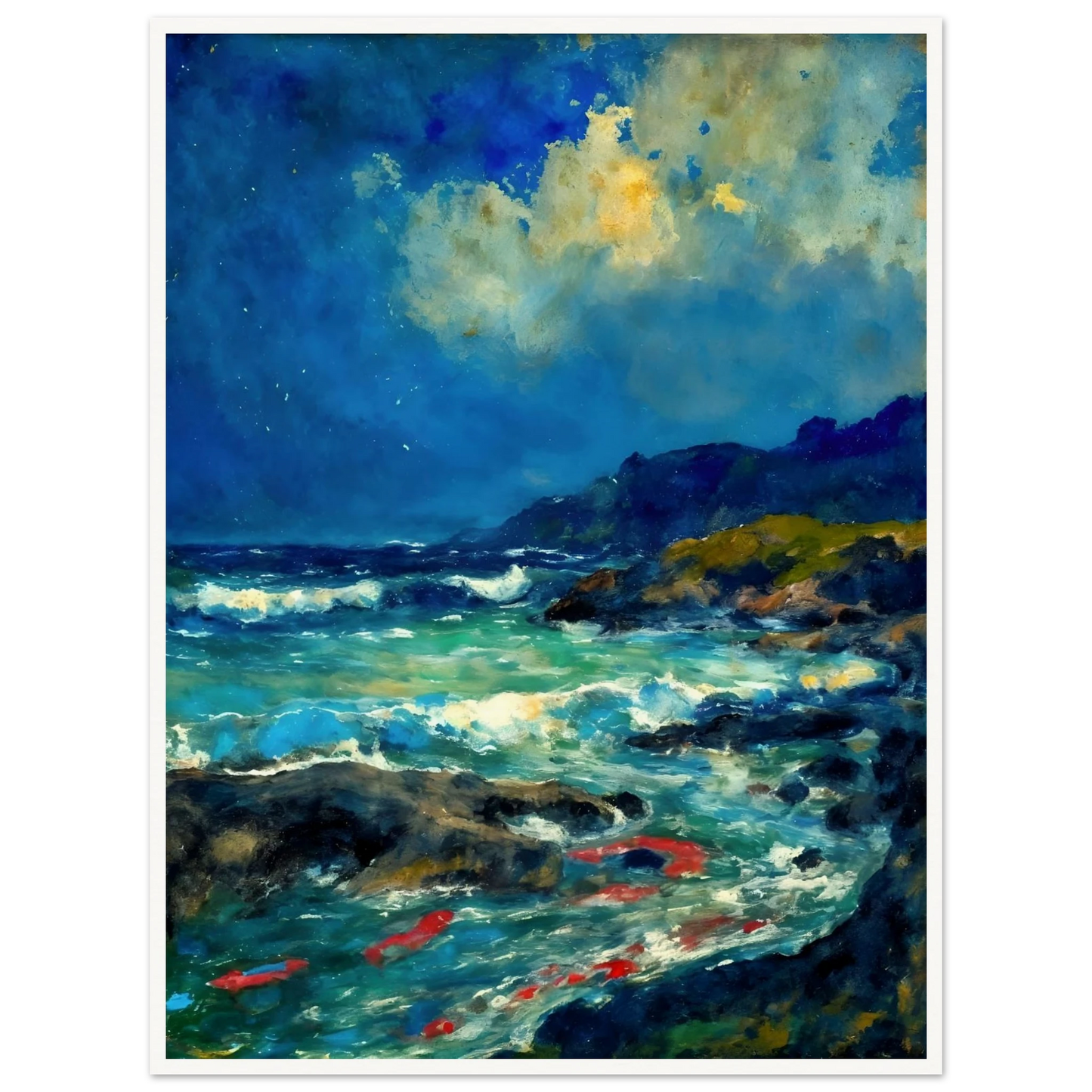Turquoise waves rush through dark rocks below glowing clouds and distant coastal hills.