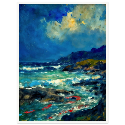 Turquoise waves rush through dark rocks below glowing clouds and distant coastal hills.