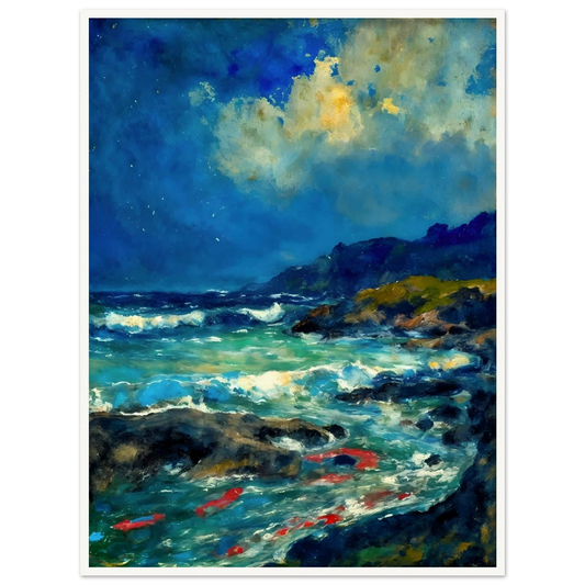 Turquoise waves rush through dark rocks below glowing clouds and distant coastal hills.