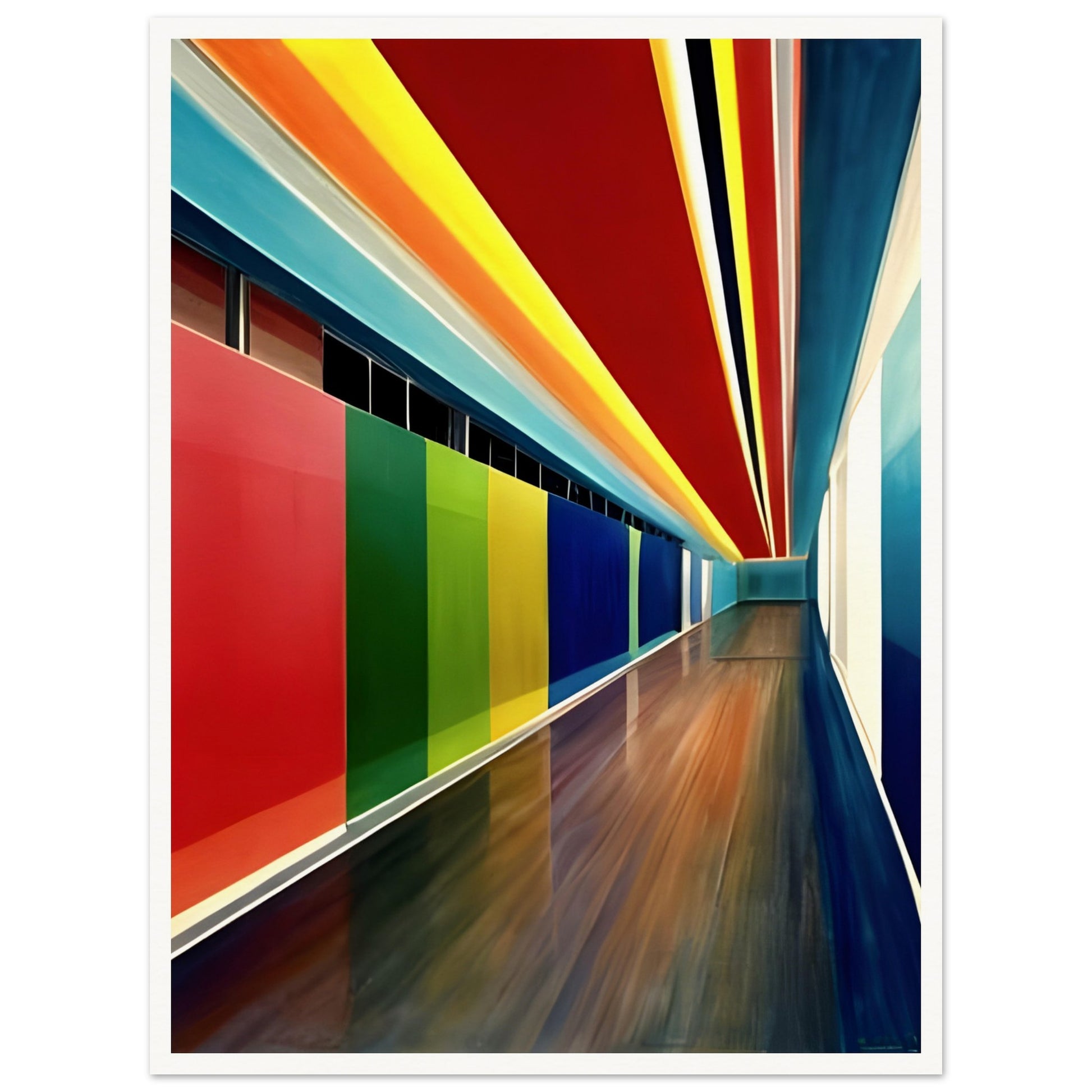 A dynamic corridor with bold, multicolored walls and ceiling, featuring deep reds, blues, yellows, and greens, creating a sense of depth and motion.