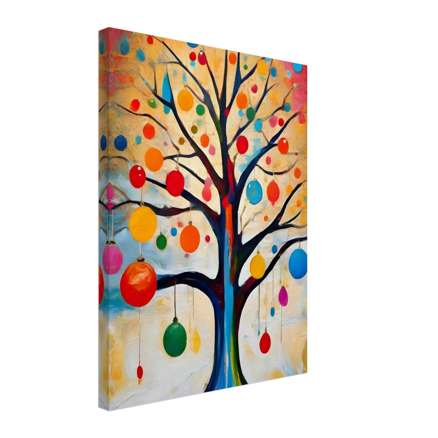 A vibrant painting of a bare tree adorned with colorful ornaments, set against a glowing background of warm yellows, oranges, and blues.