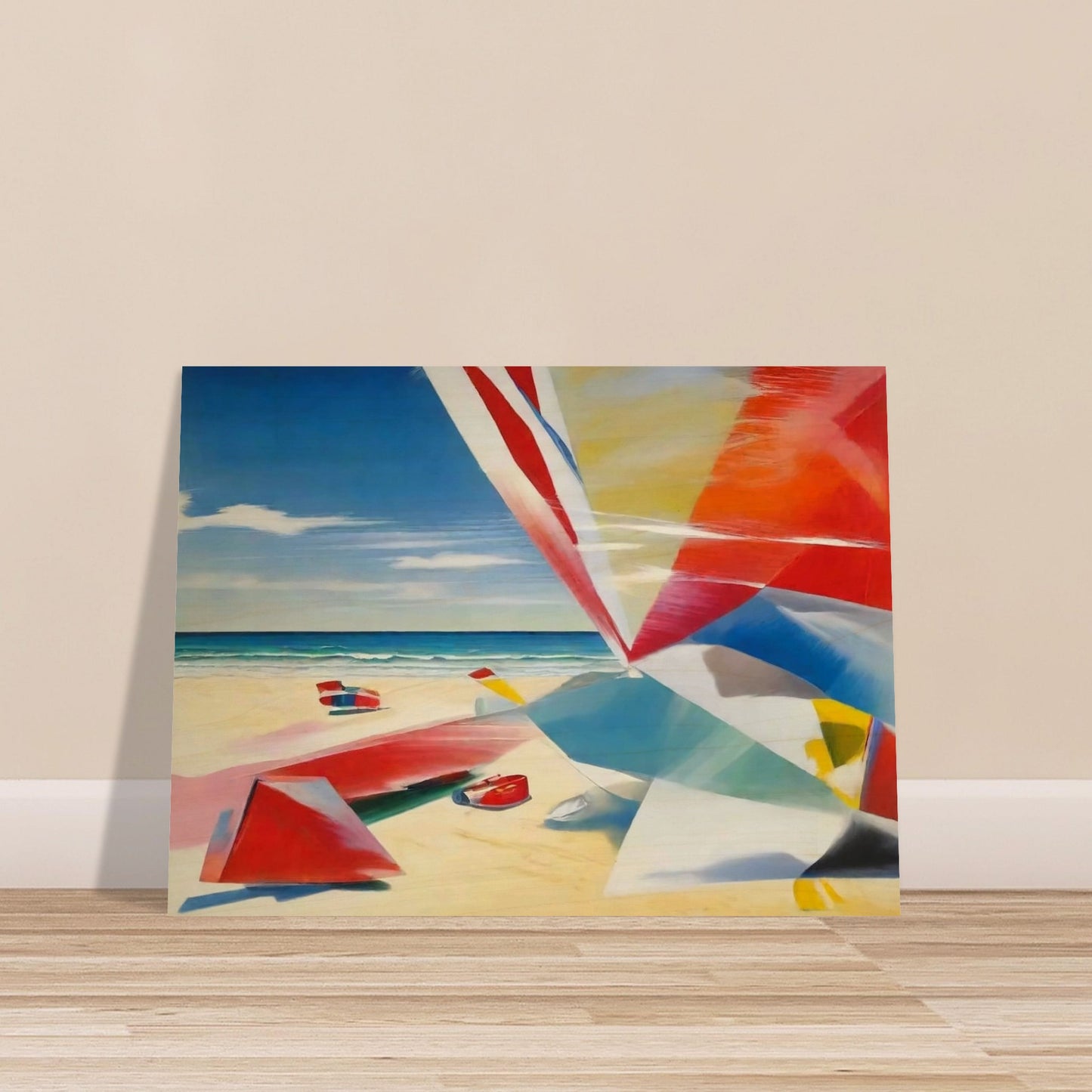 "A colorful beach scene with abstract geometric shapes in red, blue, and yellow on the sand, with a clear sky and calm ocean."