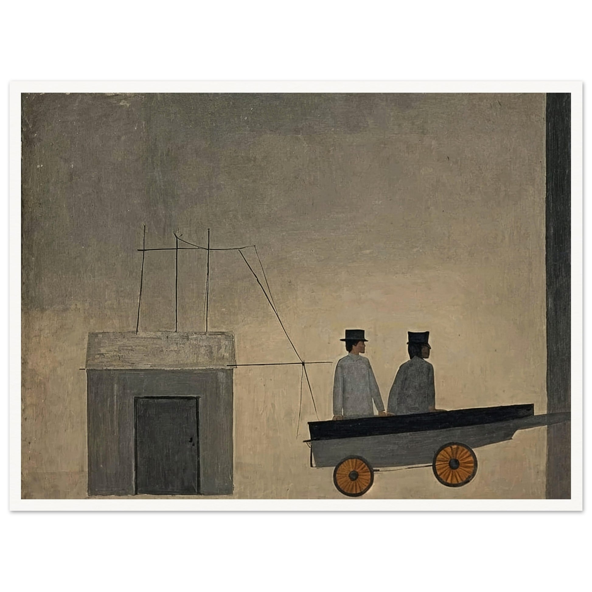 A minimalistic painting depicting two figures in a cart with orange wheels, set against a muted, textured background, creating a sense of mystery.