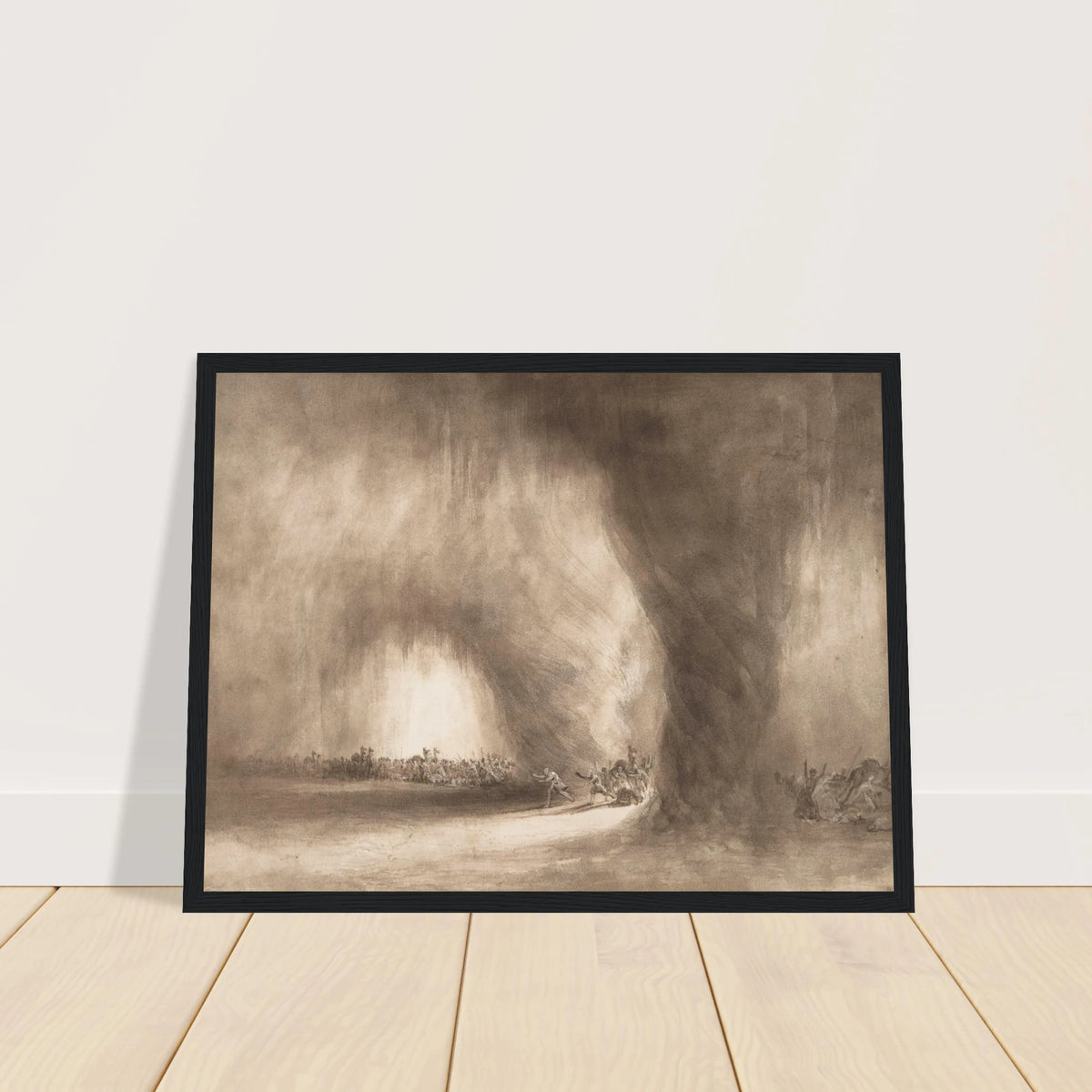 Small figures face a towering storm cloud in a sepia-toned landscape of wind and light.
