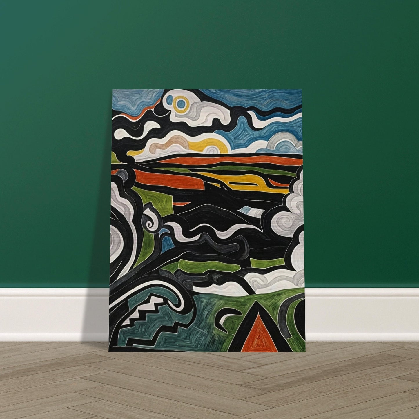 An abstract painting featuring swirling shapes and vibrant colors depicting a dynamic and imaginative landscape.