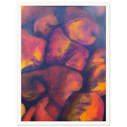 A vibrant abstract painting with luminous blossoms in shades of red, orange, and yellow against a deep blue background.