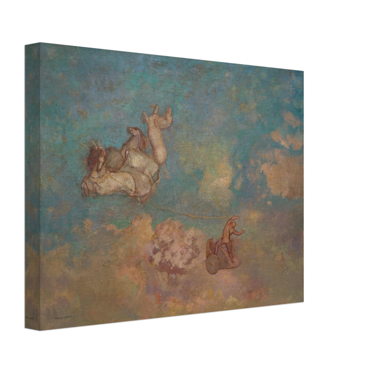Apollo drives a chariot pulled by horses through a dreamy blue sky with soft clouds and pastel light.
