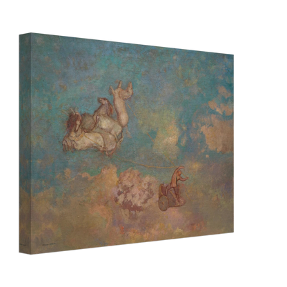 Apollo drives a chariot pulled by horses through a dreamy blue sky with soft clouds and pastel light.