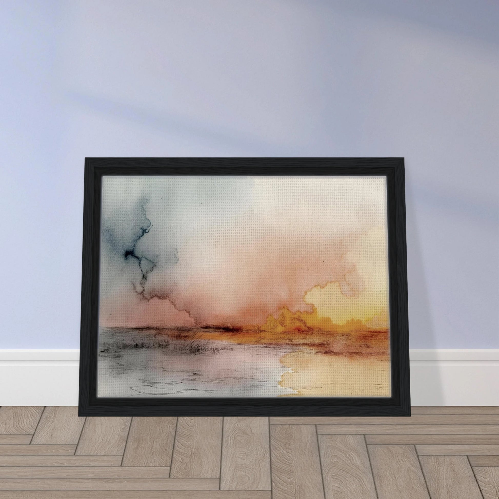 A soft watercolor landscape of fading skies, glowing yellow clouds, and tranquil reflections on a quiet lakeshore at dusk.