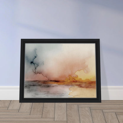 A soft watercolor landscape of fading skies, glowing yellow clouds, and tranquil reflections on a quiet lakeshore at dusk.