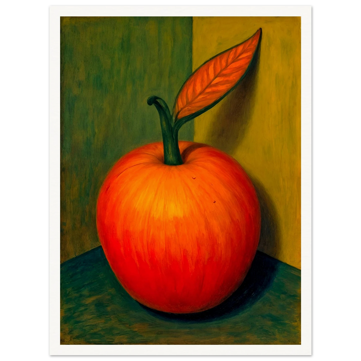 A bold still-life of a glowing red-orange fruit with a single leaf, casting soft shadows against a golden-green background.