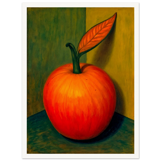 A bold still-life of a glowing red-orange fruit with a single leaf, casting soft shadows against a golden-green background.