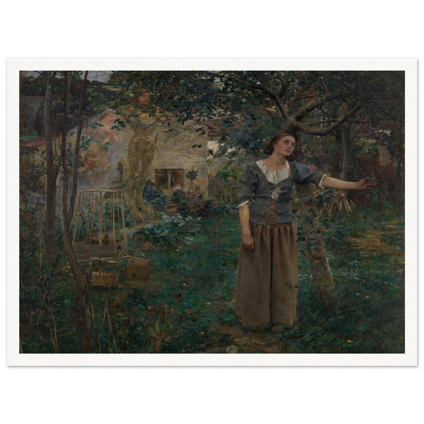 Joan of Arc stands in a garden as luminous saints appear behind her
