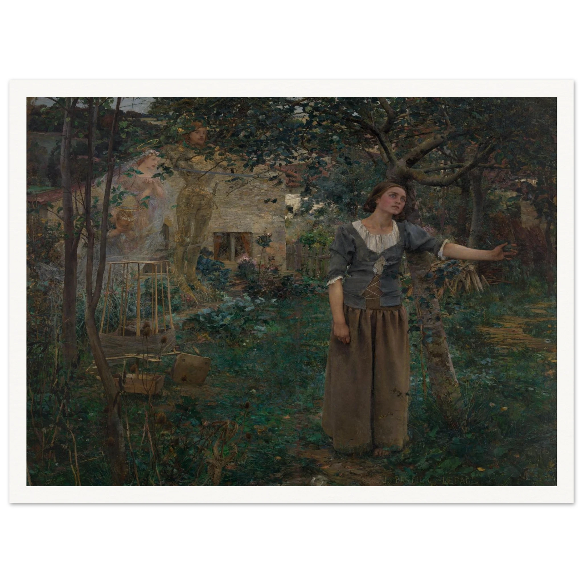 Joan of Arc stands in a garden as luminous saints appear behind her