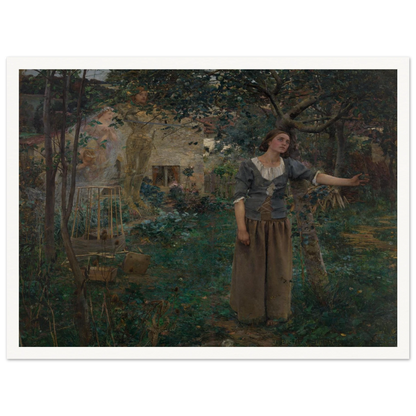 Joan of Arc stands in a garden as luminous saints appear behind her