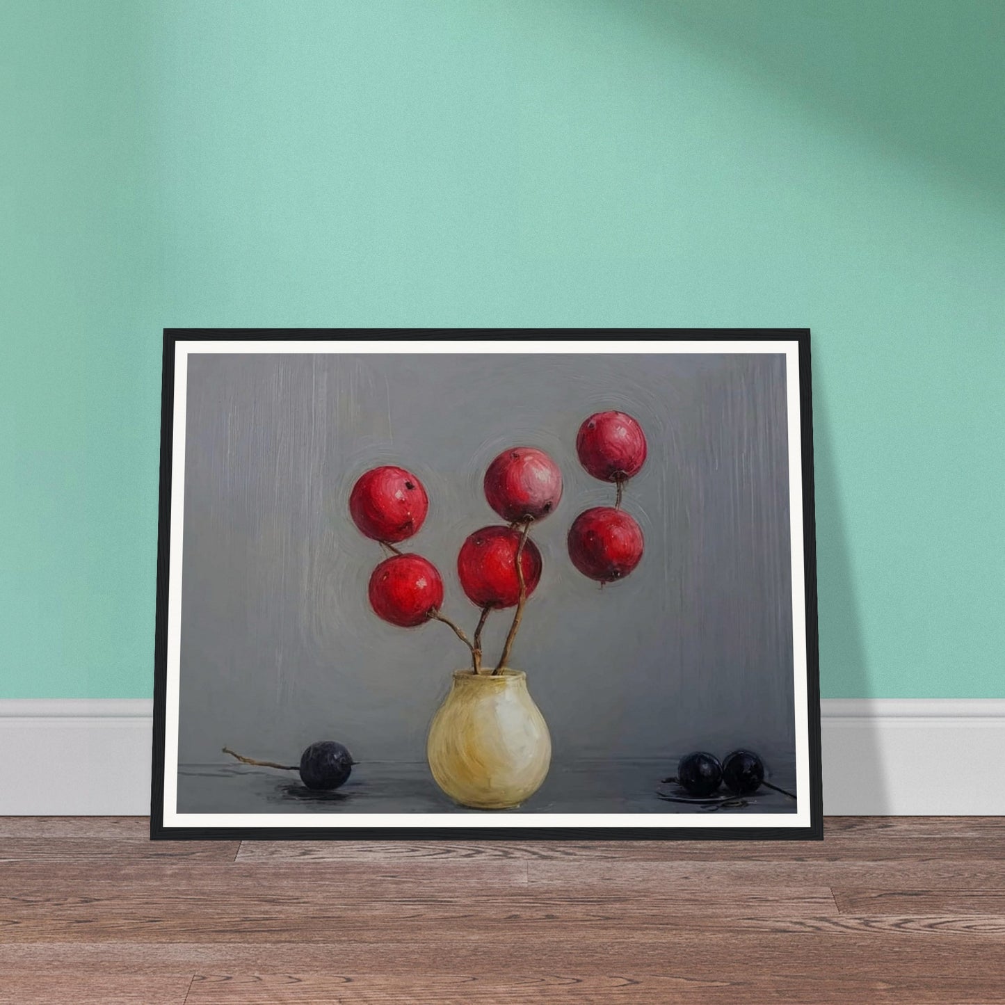 A minimalist still life painting featuring red berries arranged in a small, round vase, set against a soft gray background, with two dark berries resting on the table.