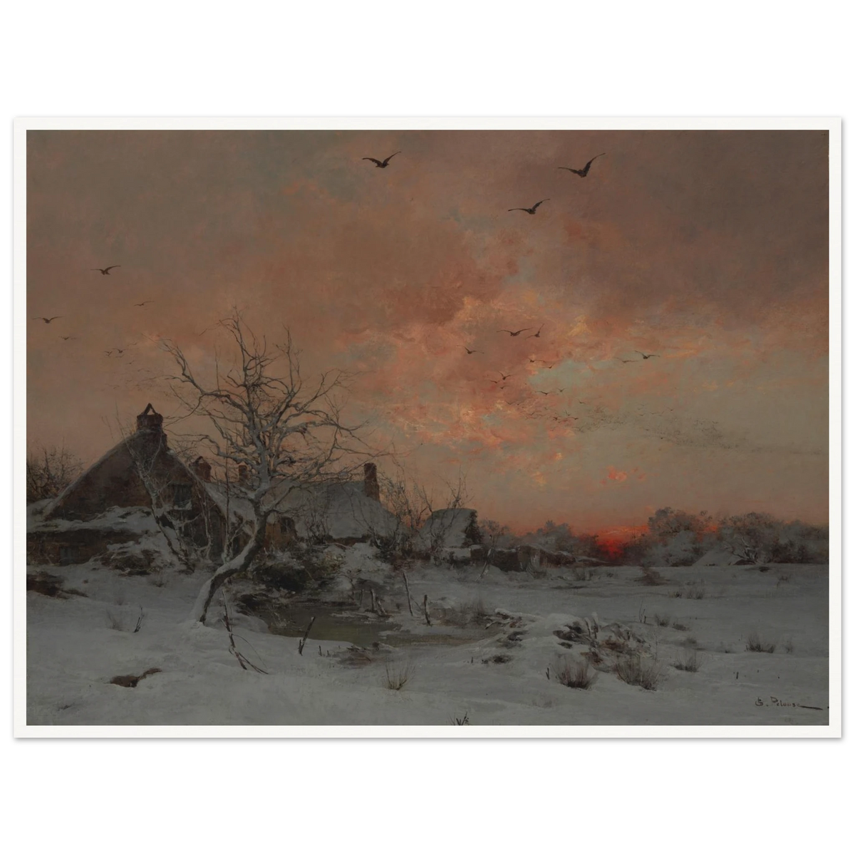 A snowy village at sunset with bare trees, birds in flight, and a pink-orange winter sky.
