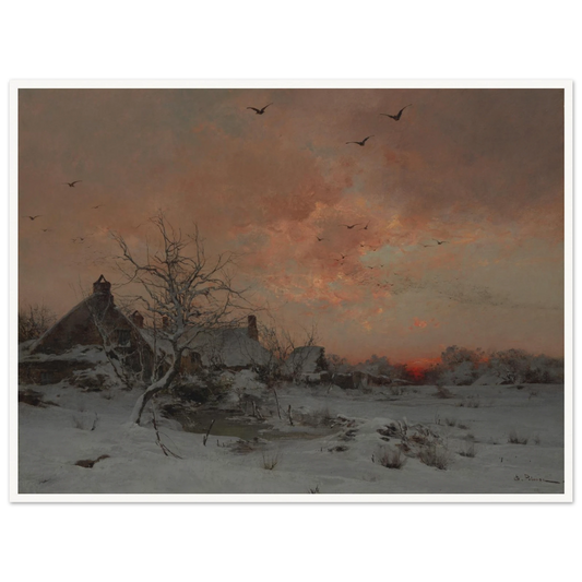 A snowy village at sunset with bare trees, birds in flight, and a pink-orange winter sky.