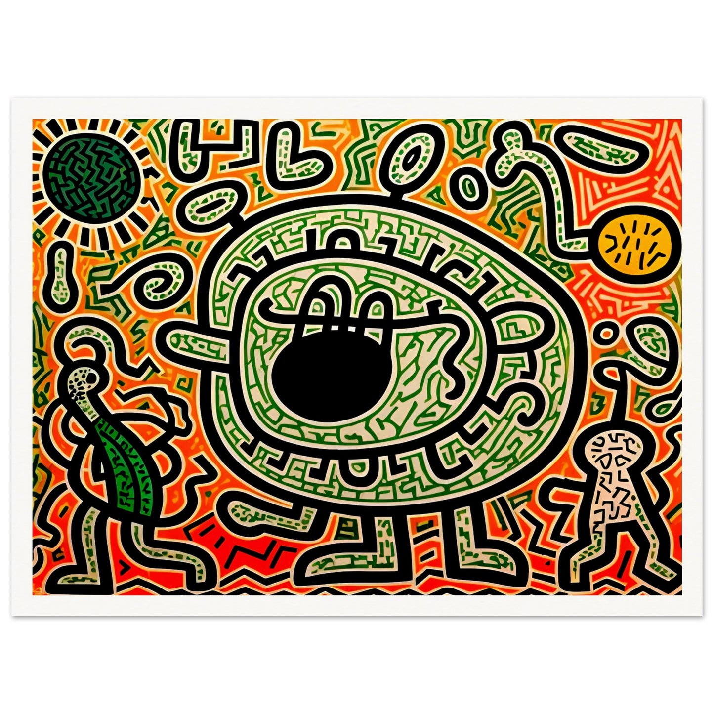 A graffiti-inspired digital artwork featuring a large green eye-like figure surrounded by bold black outlines, intricate patterns, and vibrant neon hues of green, red, and orange.