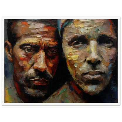 A powerful oil painting of two men with expressive, textured faces, capturing emotions and depth through vibrant brushstrokes.