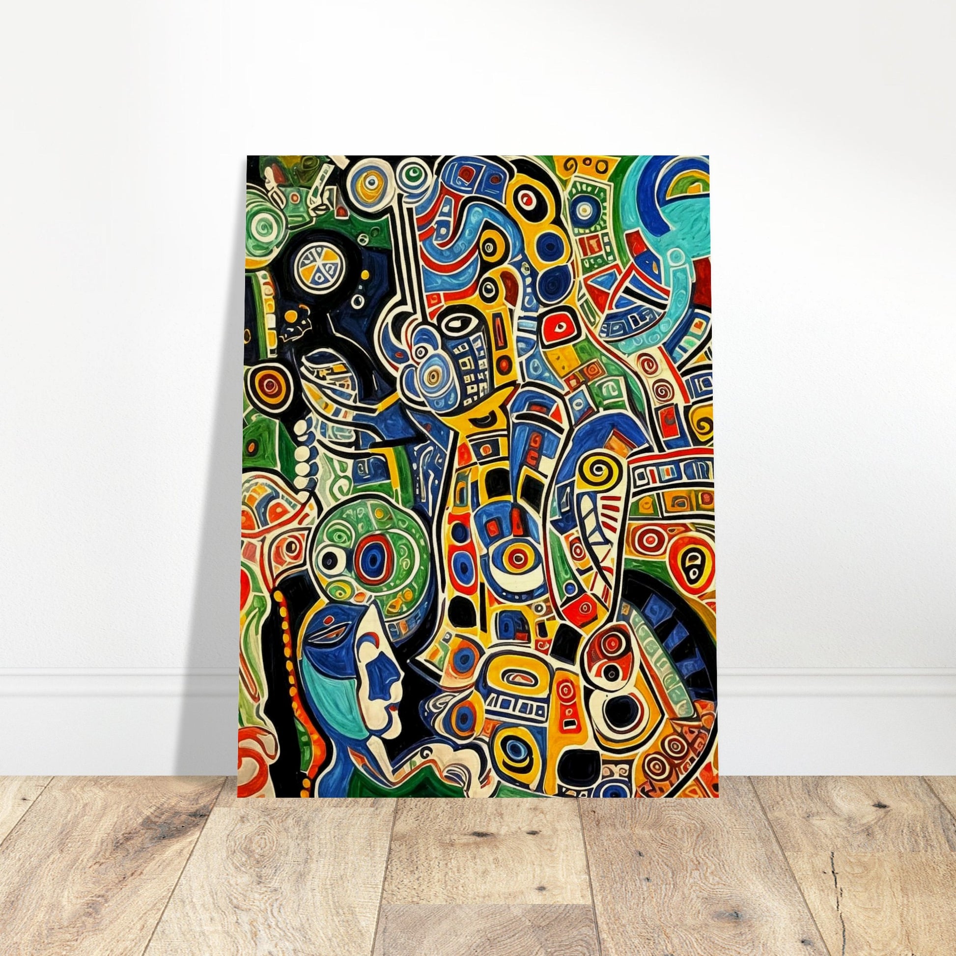 Bold and intricate abstract patterns in vibrant colors like blue, red, yellow, and green, forming a dynamic and energetic composition of swirling shapes.