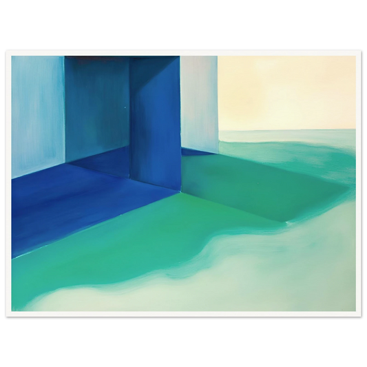 Blue architectural forms meet soft turquoise shores and pale horizons, creating a calm coastal retreat.
