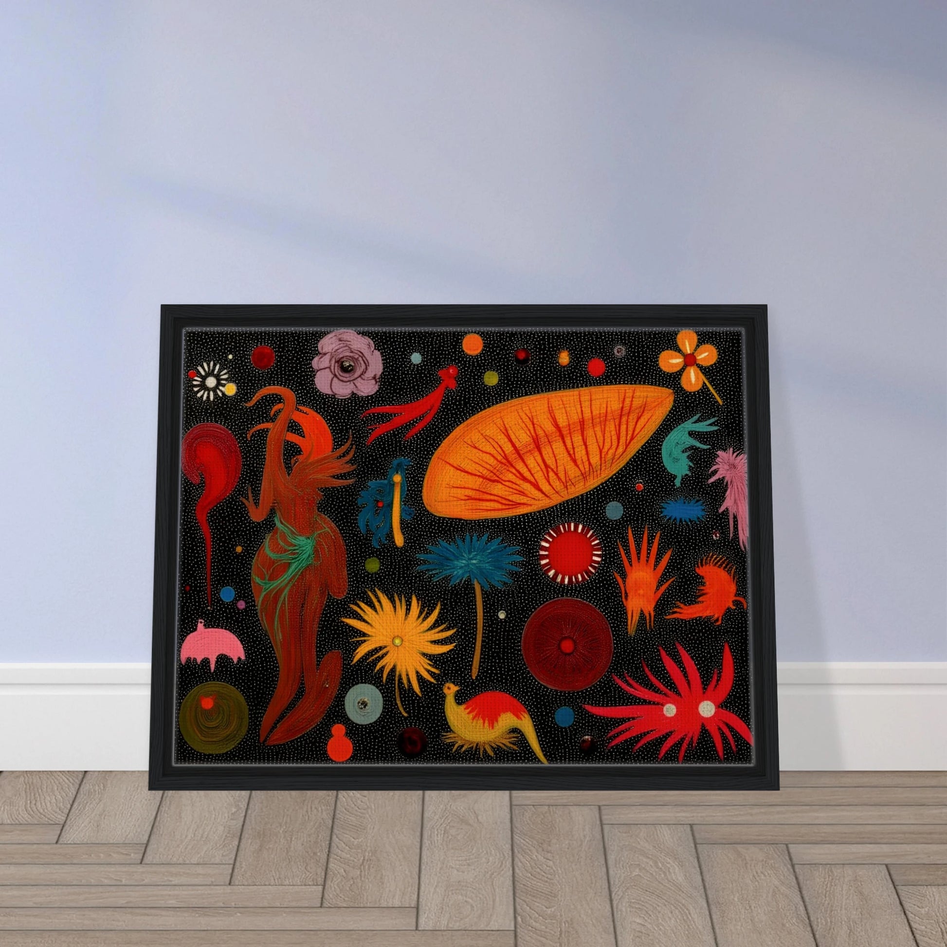 A vivid constellation of surreal floral and animal-like forms scattered over a black dotted background in bright, playful colors.