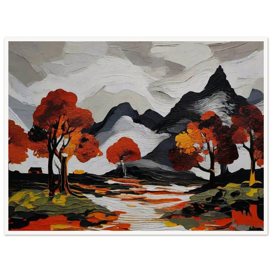 A striking painting of mountains with autumn trees reflected in a river, featuring vivid reds and oranges.