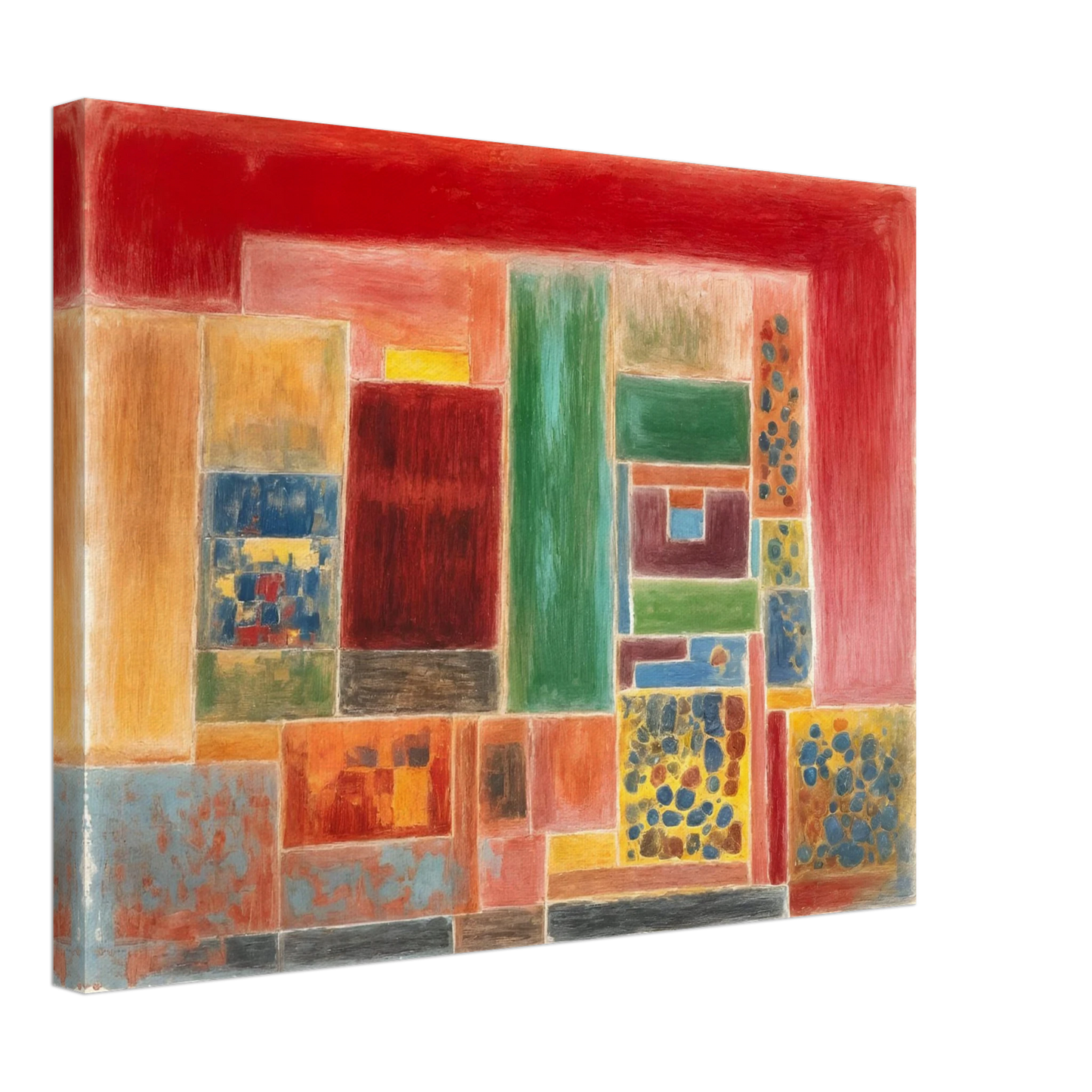 A vivid patchwork of red, green, yellow, and blue rectangles forming a rhythmic grid of warmth and texture.