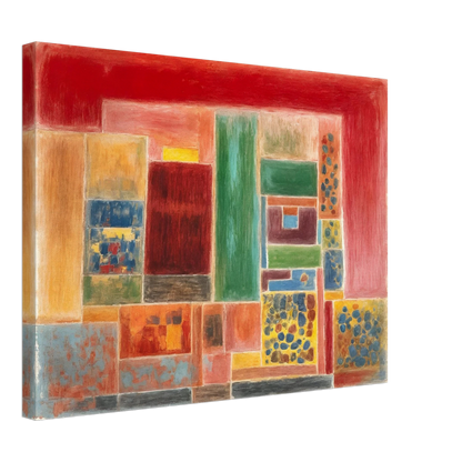 A vivid patchwork of red, green, yellow, and blue rectangles forming a rhythmic grid of warmth and texture.