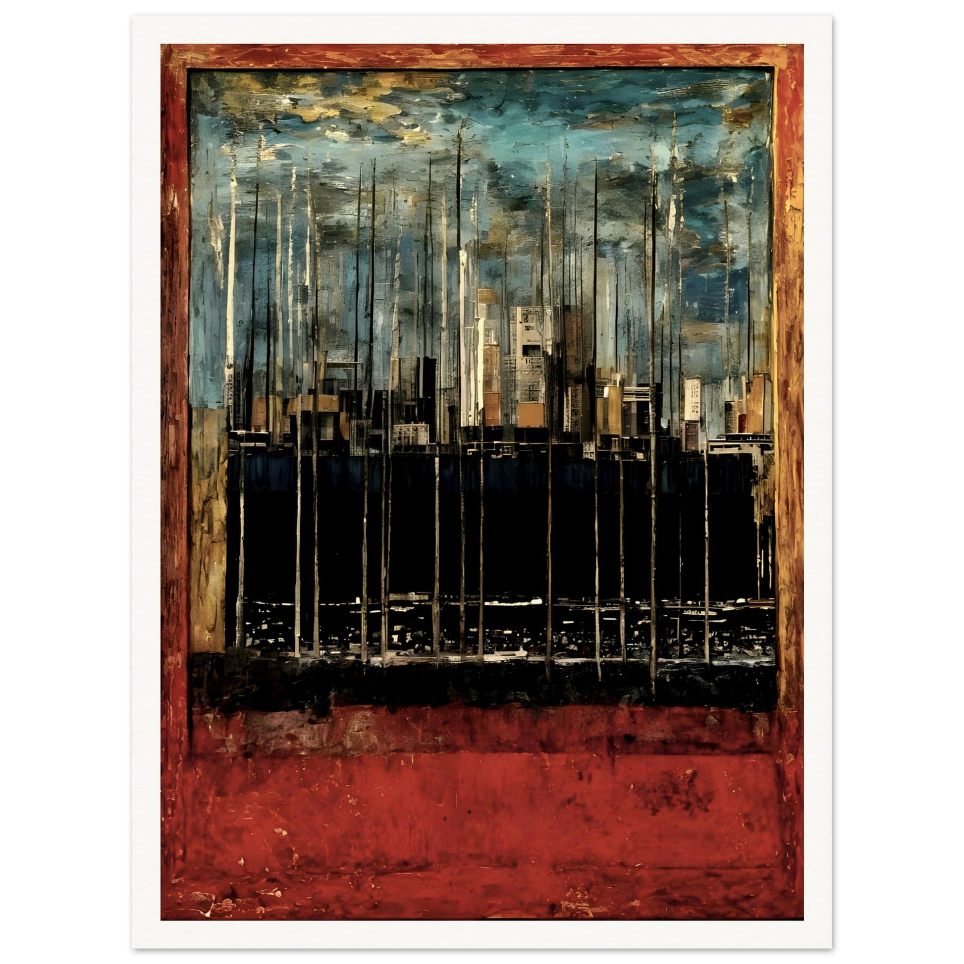 A textured cityscape with towering structures, deep red and blue hues, and an abstract urban skyline, framed in a rustic border.