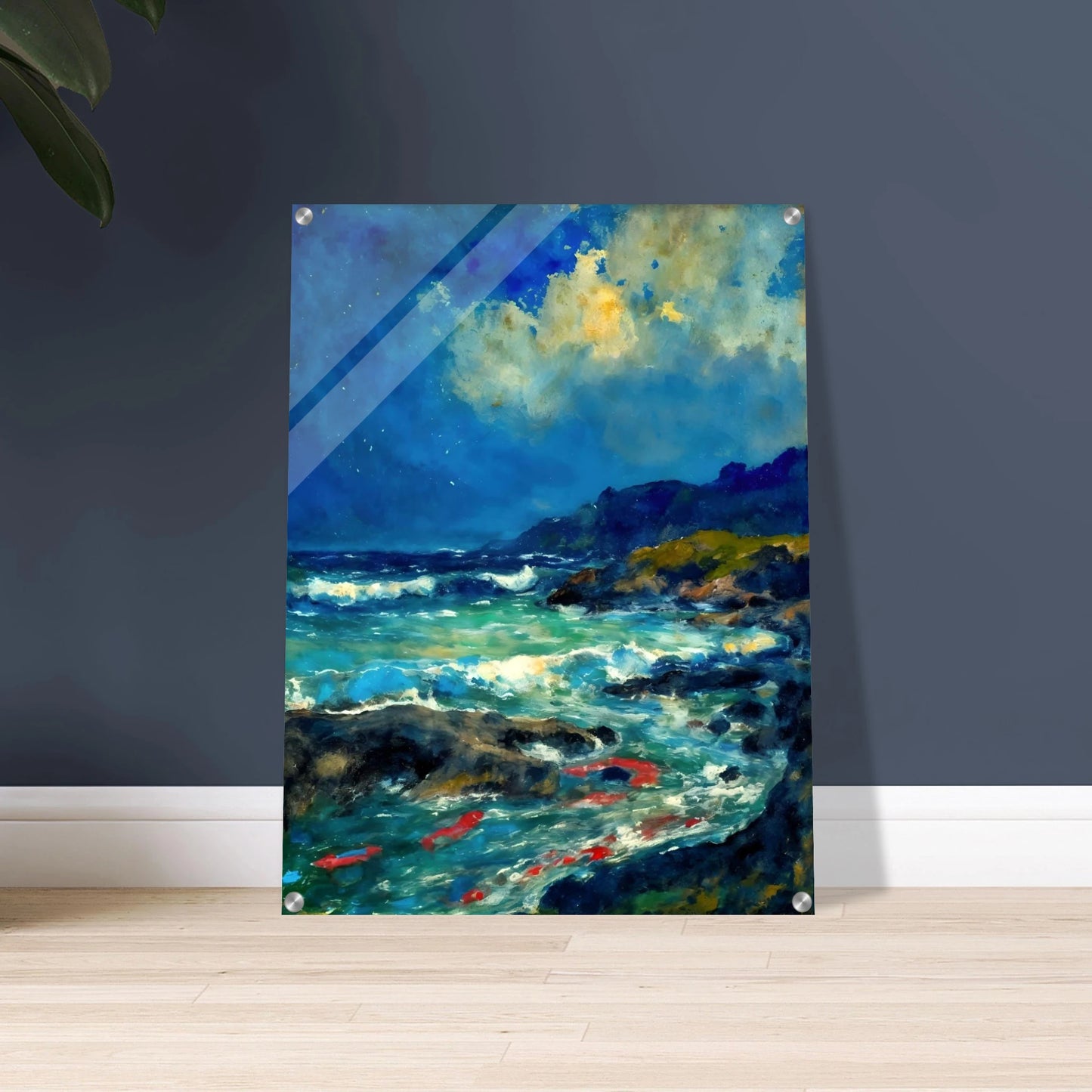 Turquoise waves rush through dark rocks below glowing clouds and distant coastal hills.