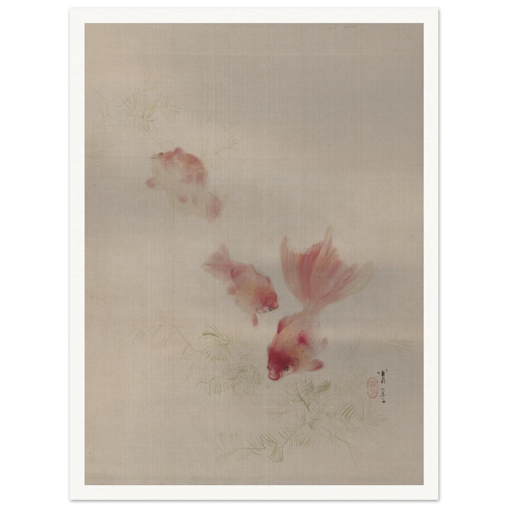 Three pale pink goldfish swim among faint green aquatic plants on a light silk background