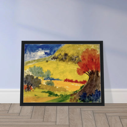 Red tree rises beside golden hills, green fields, and a deep blue sky in a bright countryside scene.