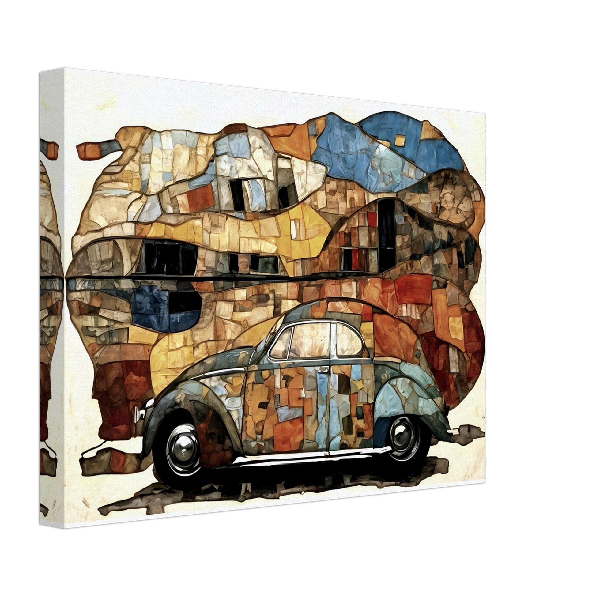 A colorful mosaic-style painting of a classic blue and orange beetle car, set against an abstract, fragmented background of earthy tones.