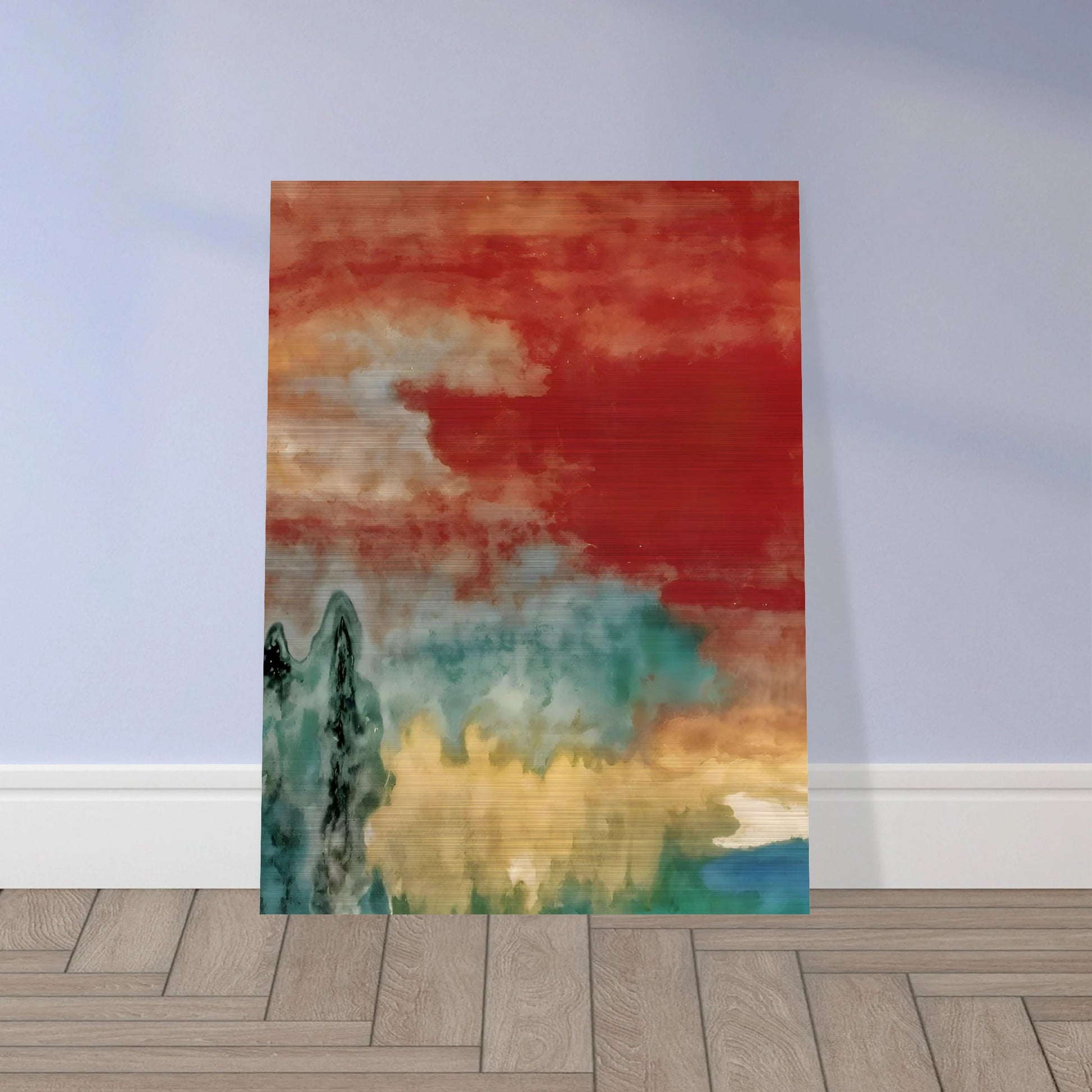 Soft washes of crimson, teal, and ivory drift across a dreamlike landscape with misty forms and distant reflections.