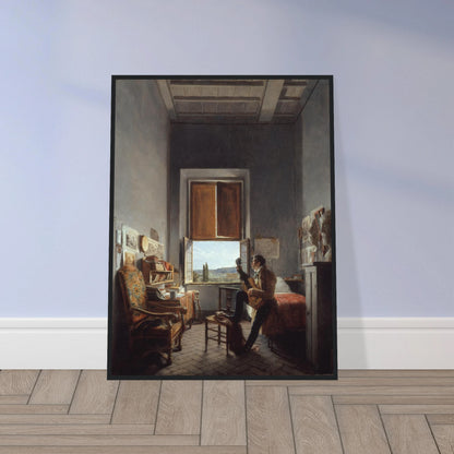 Artist plays guitar in a sunlit Villa Medici room overlooking the Roman countryside