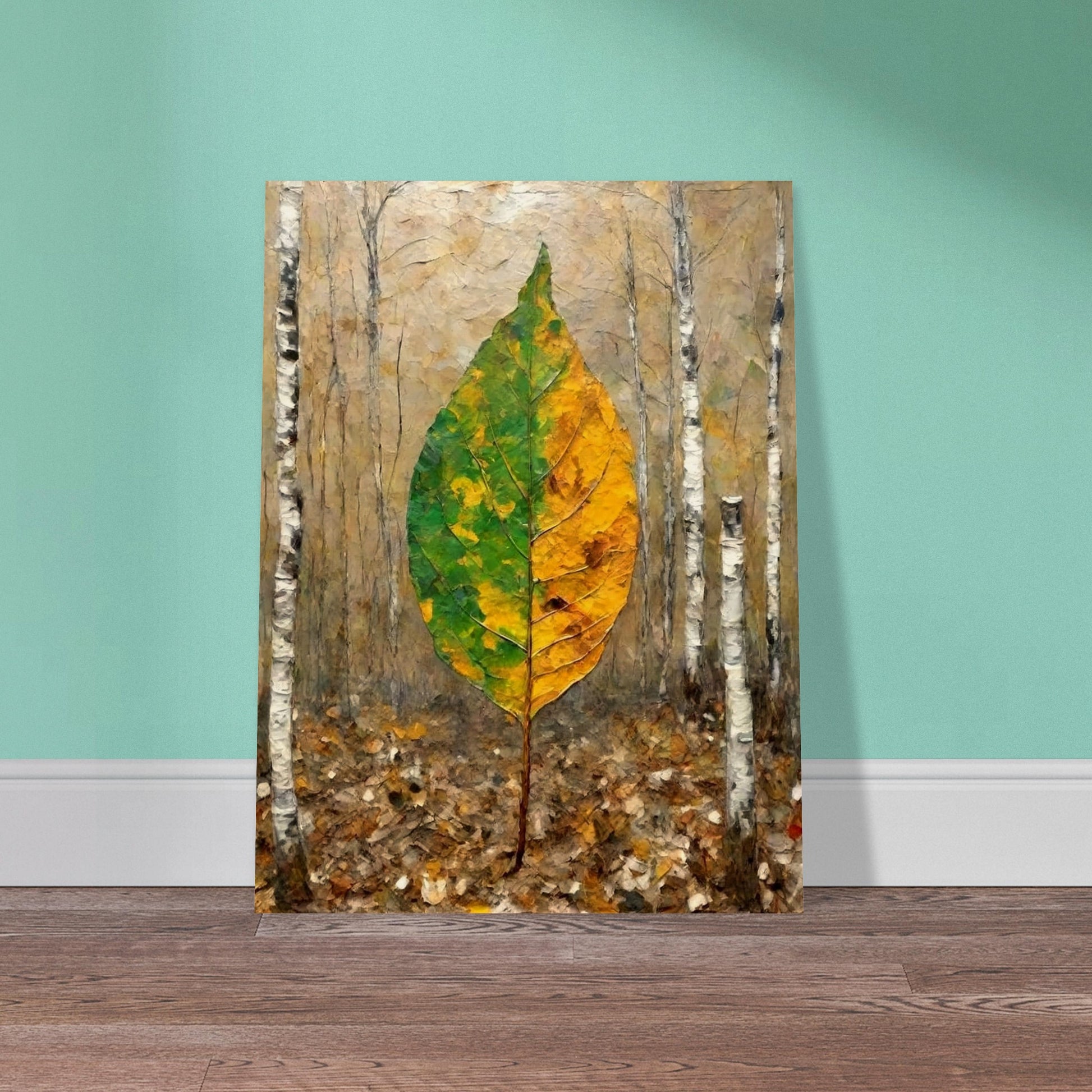 A large leaf, half green and half yellow, stands upright in a birch forest, symbolizing the transition between seasons with soft autumnal tones.