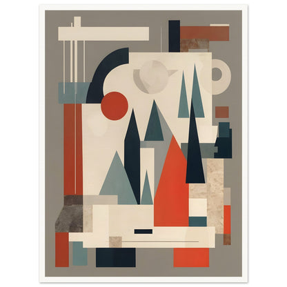 A modern geometric artwork featuring abstract triangular shapes resembling trees, complemented by circles and rectangles in muted tones of red, teal, and beige.