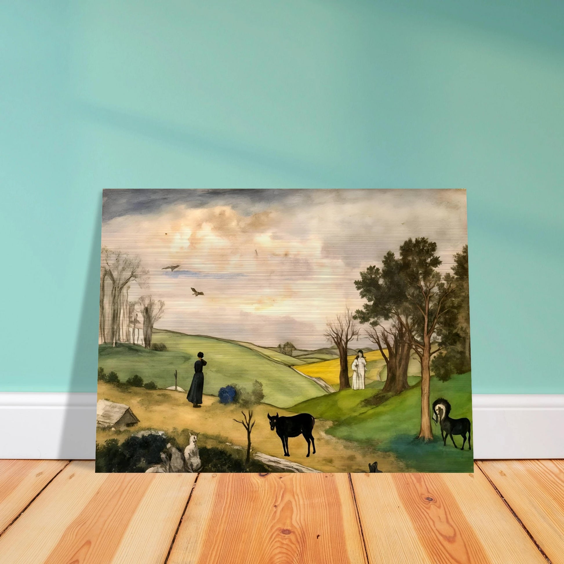Figures, horses, birds, and trees rest across rolling green hills beneath a soft cloudy sky.