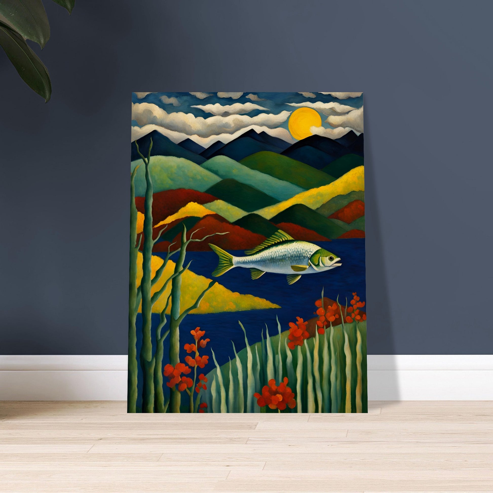 A vibrant fish glides above deep blue waters, surrounded by lush greenery, red flowers, and layered mountains under a glowing moon.