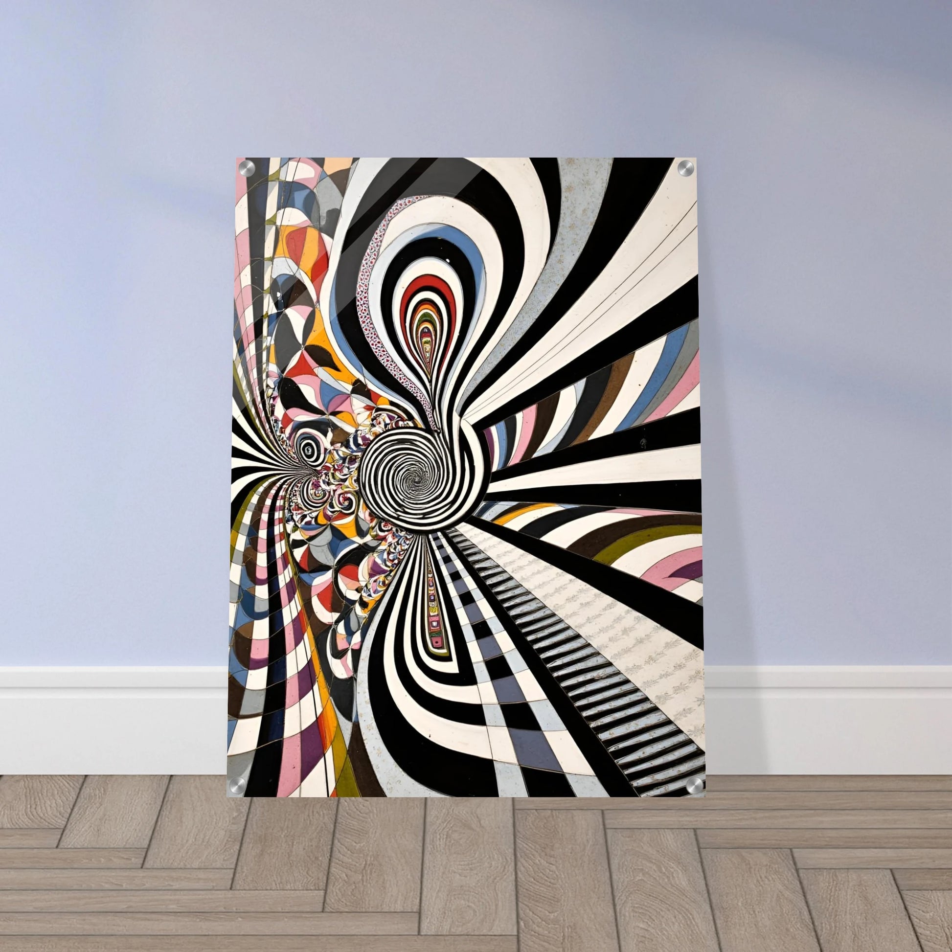 Hypnotic black-and-white spirals twist through colorful geometric pathways, creating a surreal optical journey of motion, depth, and endless illusion.
