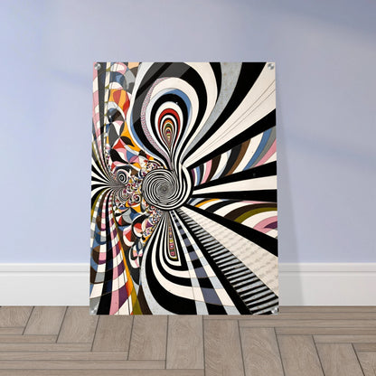 Hypnotic black-and-white spirals twist through colorful geometric pathways, creating a surreal optical journey of motion, depth, and endless illusion.