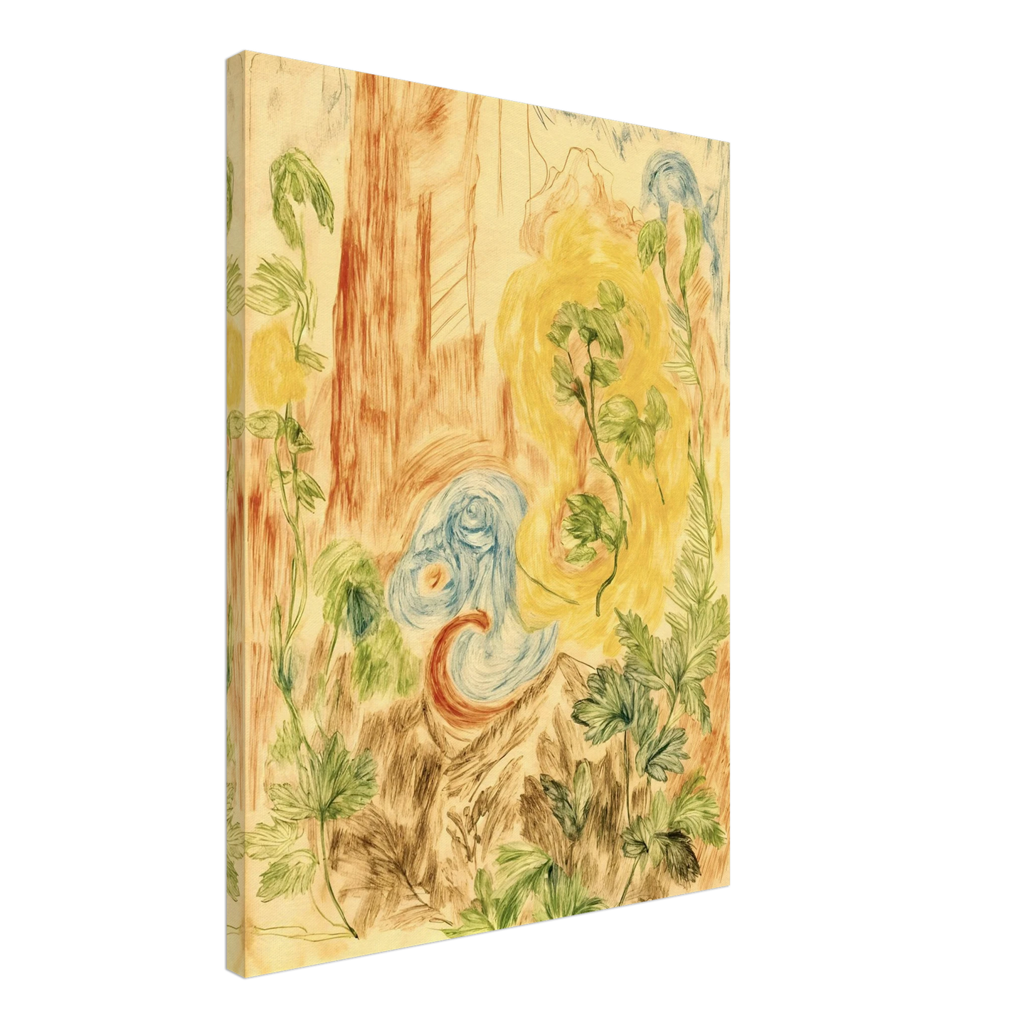 Delicate botanical sketches and flowing abstract forms intertwine in soft greens, golds, and blues across a dreamlike woodland-inspired composition.