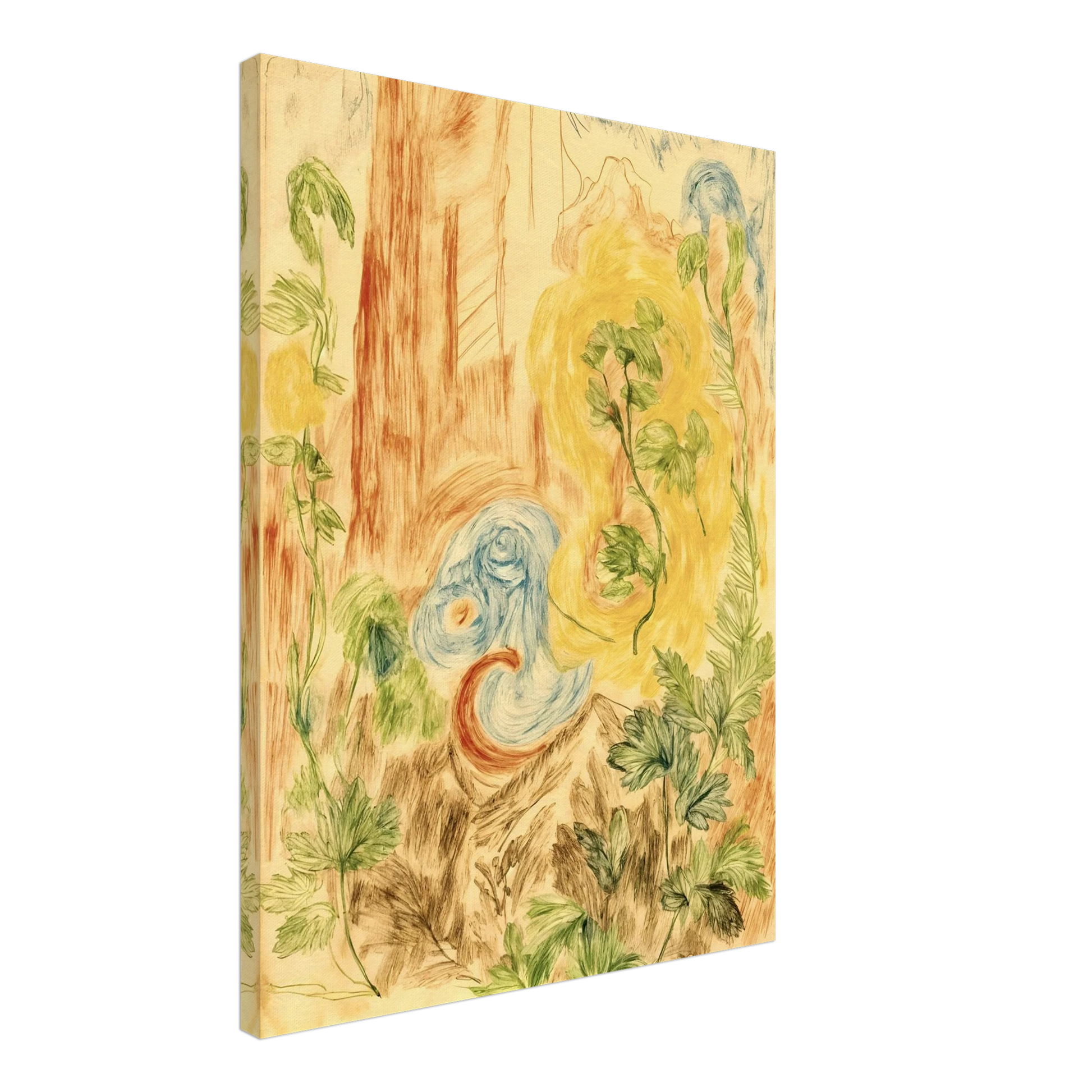 Delicate botanical sketches and flowing abstract forms intertwine in soft greens, golds, and blues across a dreamlike woodland-inspired composition.